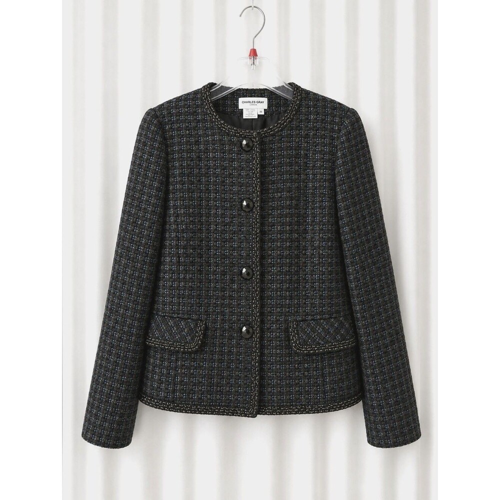 Charles Gray London Vintage Black Slate Blue Basket Weave Shimmer Trim Jacket
